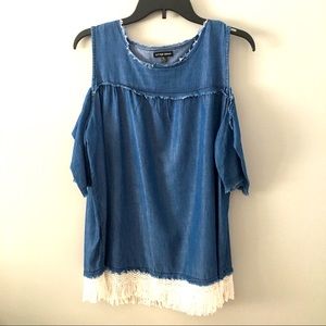 STYLE ENVY Top Denim Blue White Fringe Altered XL